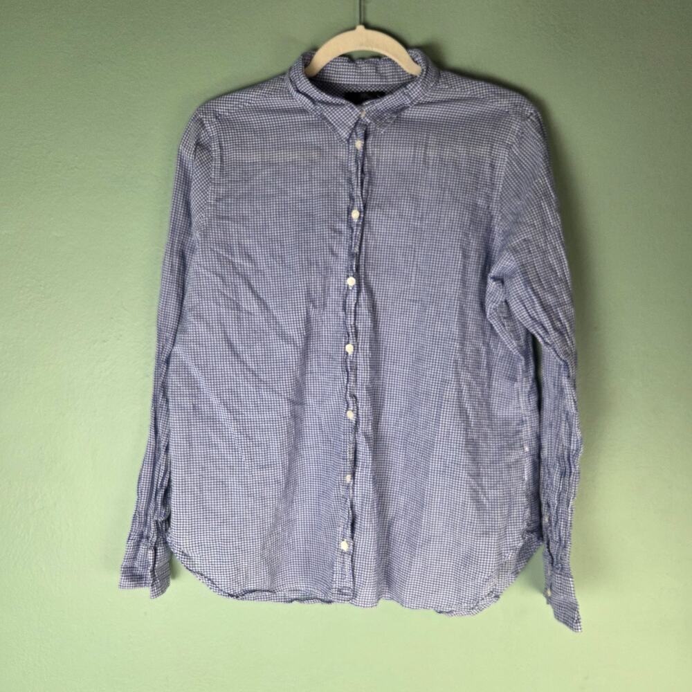 J. Crew Womens 14 Blue Classic Fit Boy Button Down Shirt Crinkle Gingham Preppy